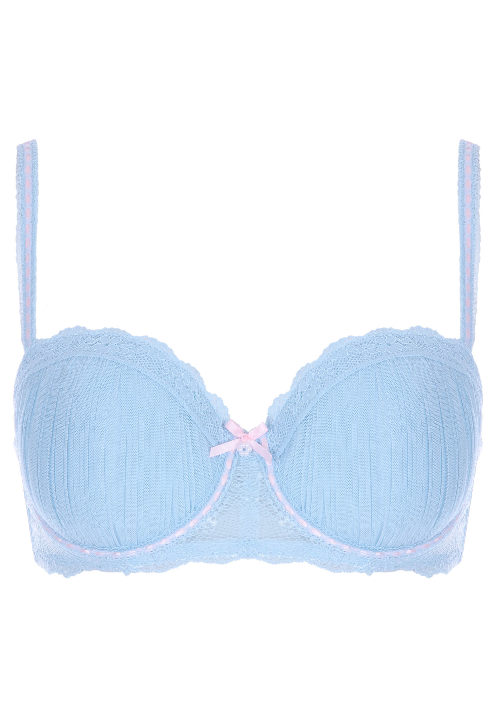 Womens Blue Ribbonslot Lace Balcony Bra (B-DD)