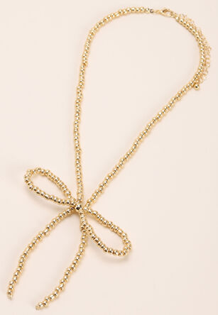Womens Gold Bow Bead Necklace