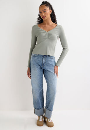 Womens Sage Ruched Long Sleeve Top