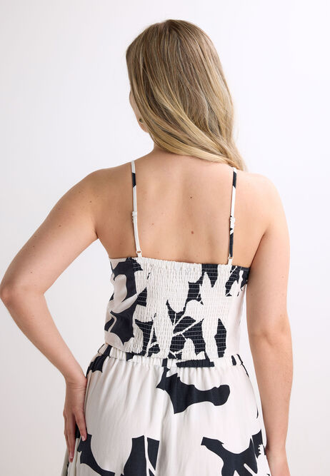 Womens Black & White Floral Linen Blend Cami Top