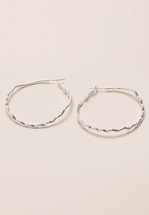 Womens Silver Large Textured Hoops 
