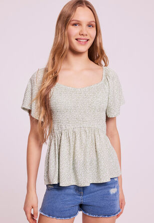 Older Girls Green Floral Shirred Flute Sleeve Top
