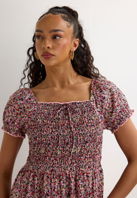 Womens Red Floral Milkmaid Shirred Tie Detail Midi Dress