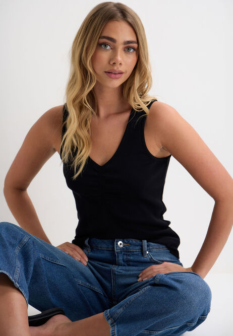 Womens Black Plain Ruched Front Vest Top