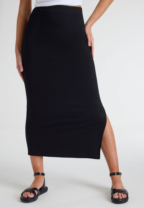 Womens Black Pull On Midi Skirt