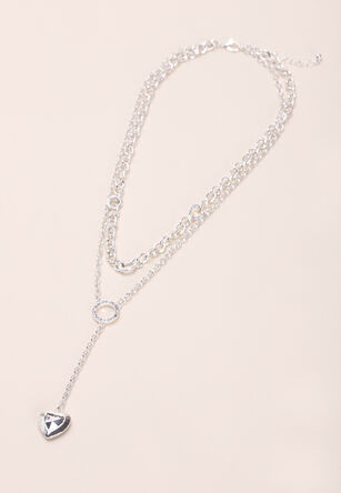 Womens Silver 2 Row Heart Drop Necklace