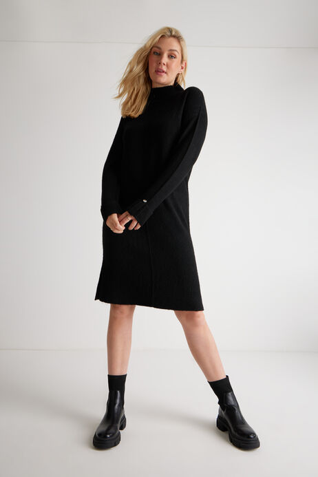 Womens Black Knitted Jumper Dress with Button Cuff Detail