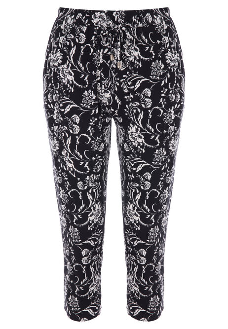 Womens Black Floral Relaxed Crop Trousers