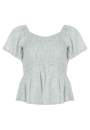 Older Girls Green Floral Shirred Flute Sleeve Top