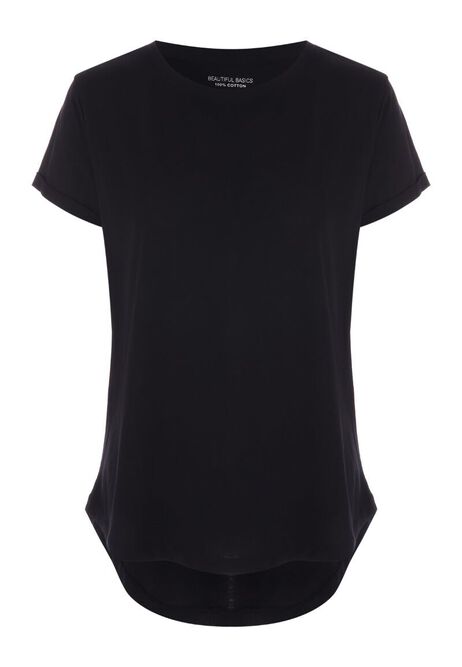 Womens Black Cotton Roll Sleeve T-Shirt