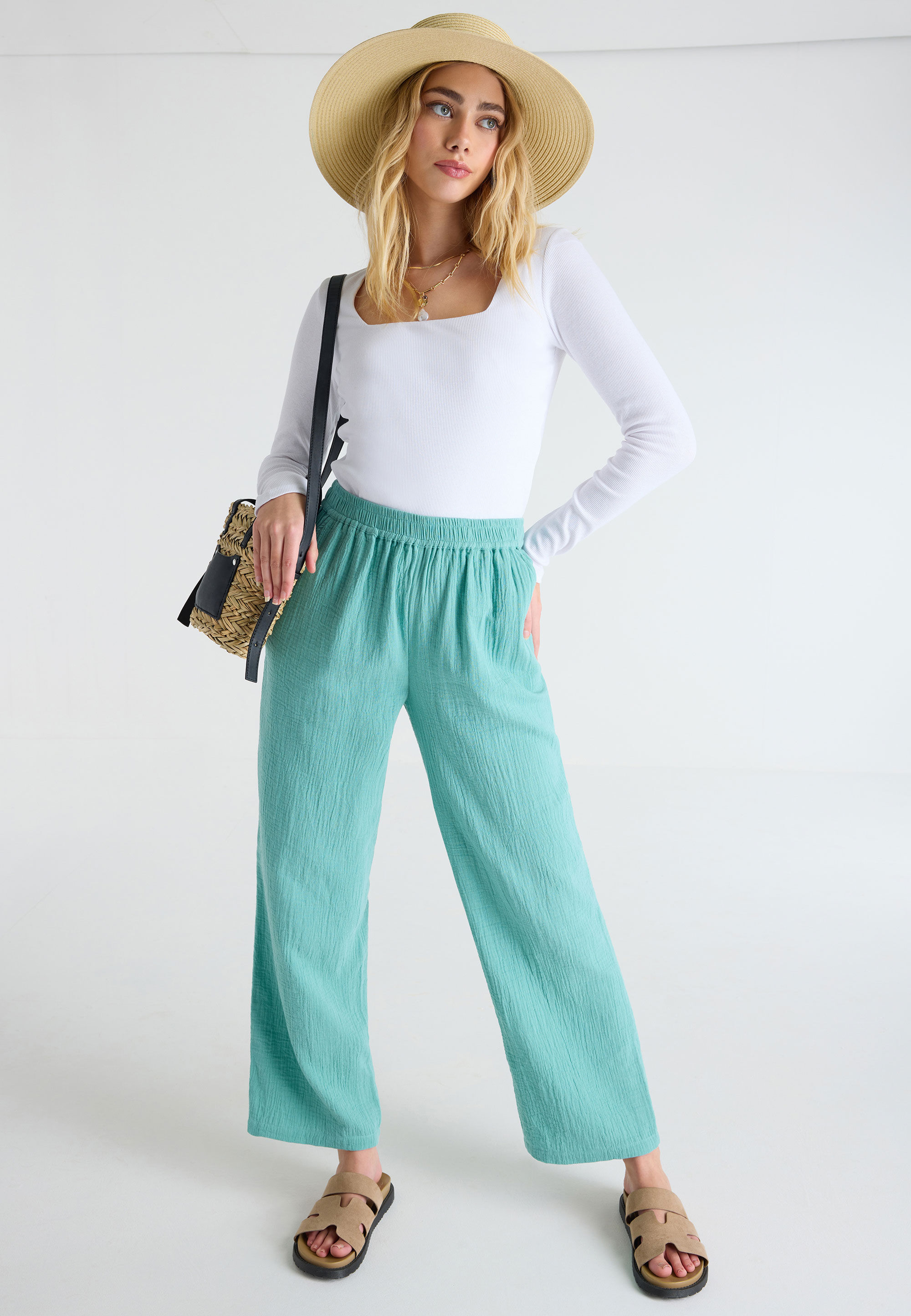 Womens Green Cotton Pull On Wide Leg Trousers Peacocks
