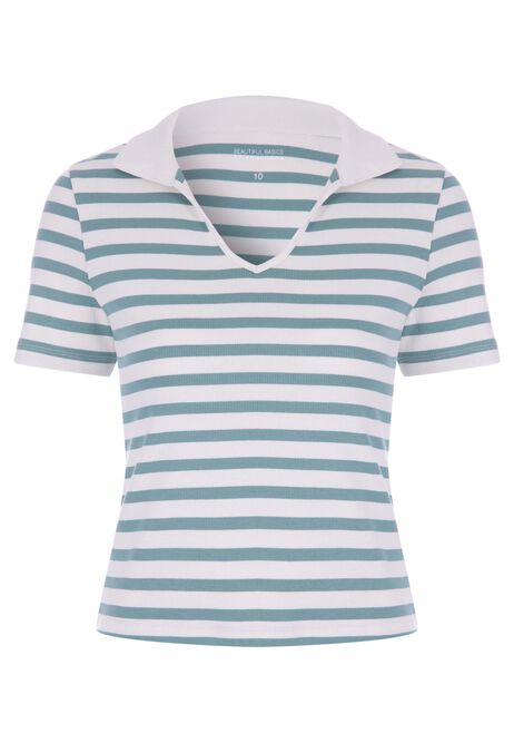 Womens Green and White Ribbed Collar T-Shirt