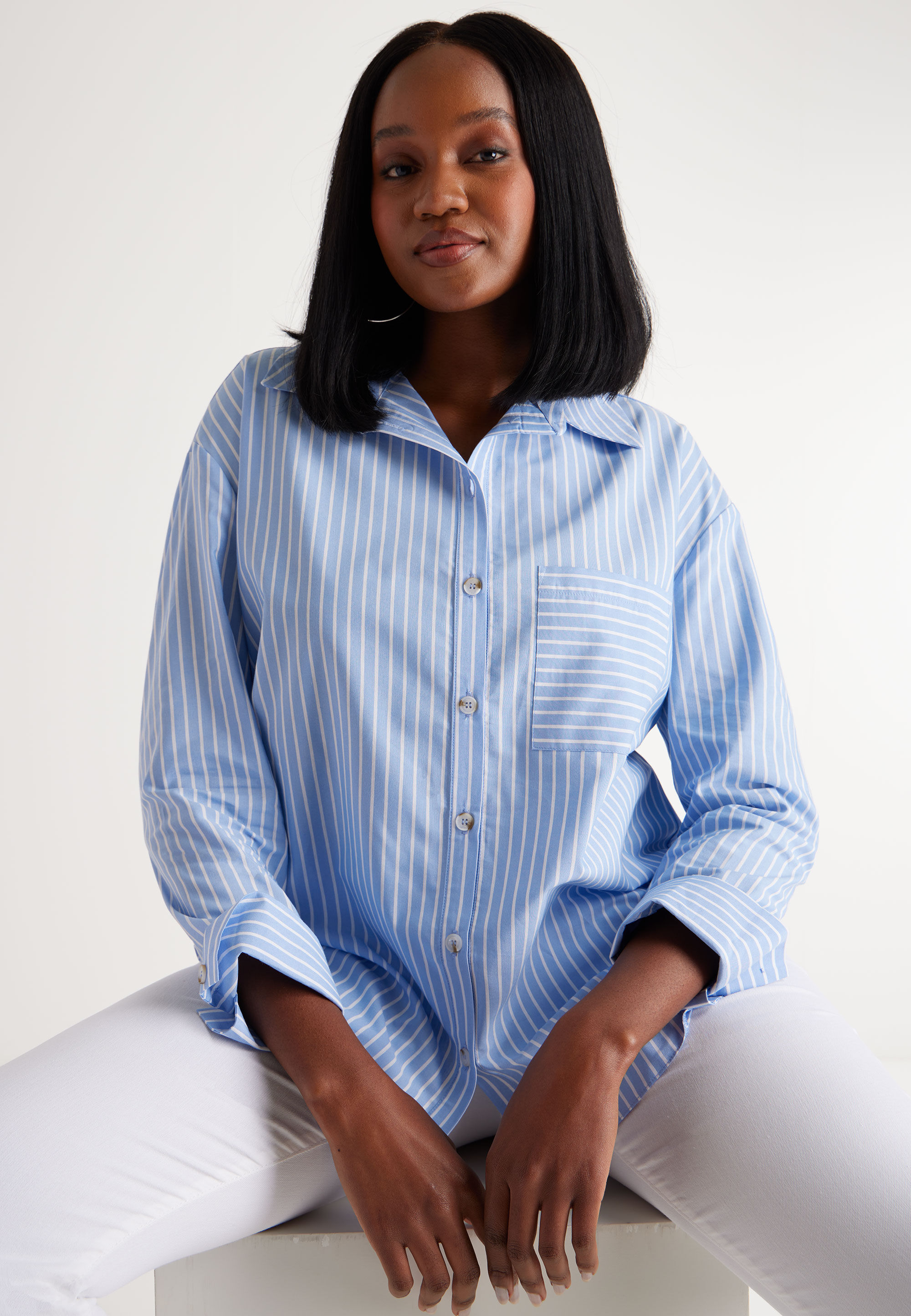 Womens Blue & White Stripe Cotton Shirt | Peacocks