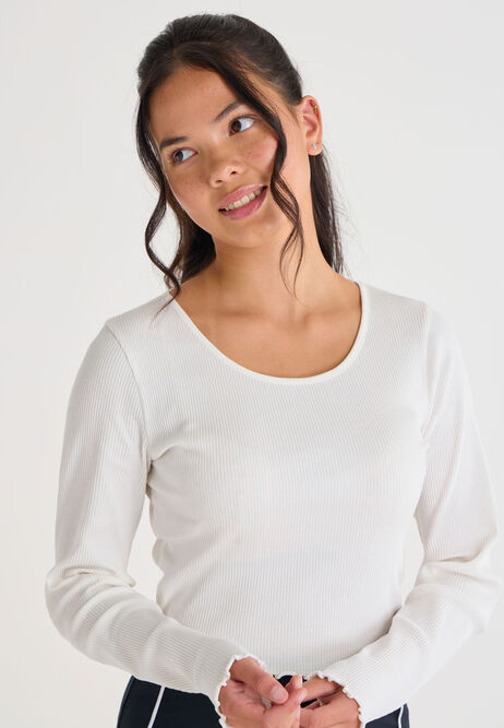 Older Girls Cream Ribbed Scoop Neck Top