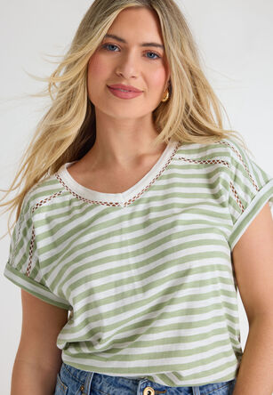 Womens Green Stripe Lace Insert T-shirt