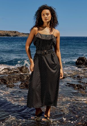 Womens Black Polka Dot Ruffle Midi Dress