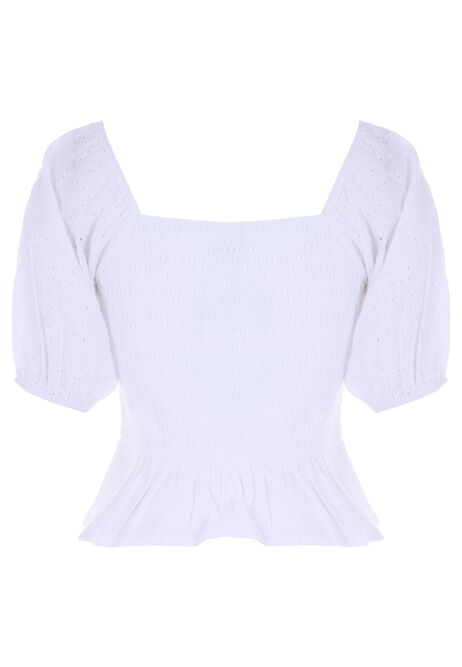 Womens White Broderie Shirred Peplum Top