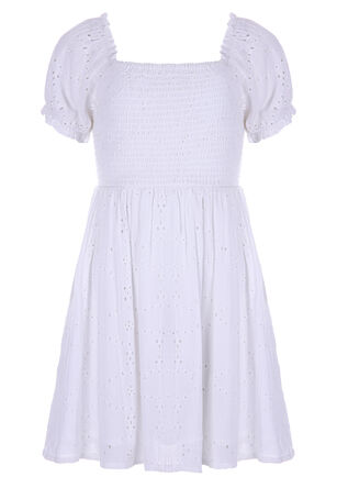 Older Girls White Broderie Shirred Dress