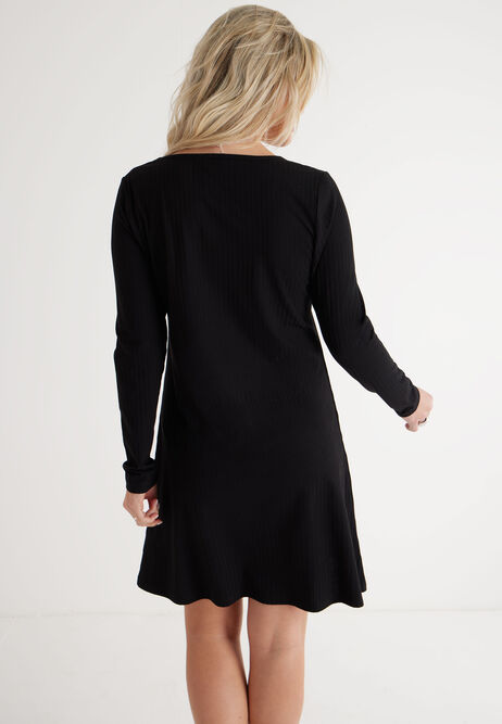 Womens Black Ribbed Fit & Flare Dress