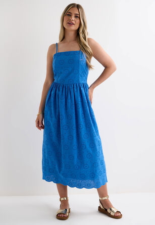 Womens Blue Broderie Cotton Strappy Dress