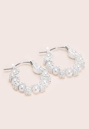 Womens Silver Pearl Hoop Earrings