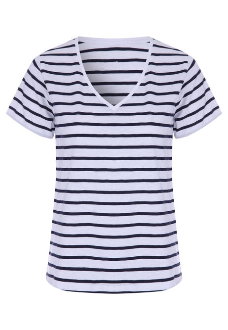 Womens Navy & White Stripe V-Neck T-shirt