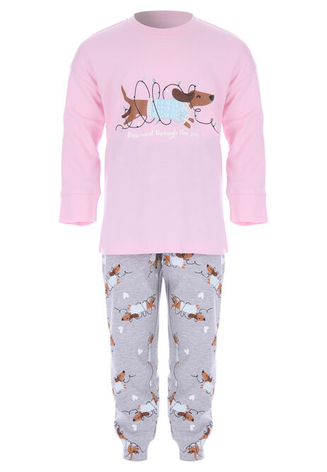 Younger Girls Pink Dachshund Through The Snow Pyjama Set