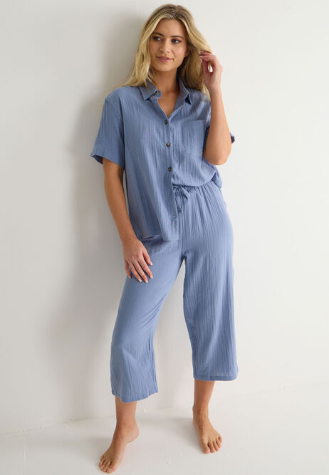 Womens Blue Cotton Double Layer Pyjama Top