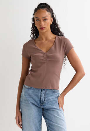 Womens Brown Ruched Short Sleeve Top