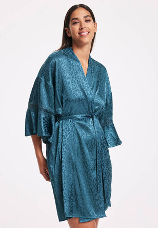 Womens Green Leopard Satin Kimono