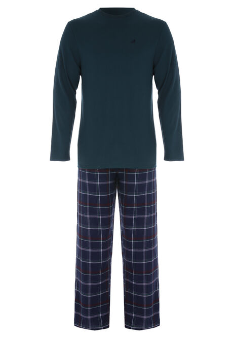 Mens Teal Check Woven Jersey Pyjama Set