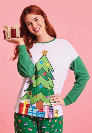 Womens Green Christmas Tree Novelty Pyjama Set