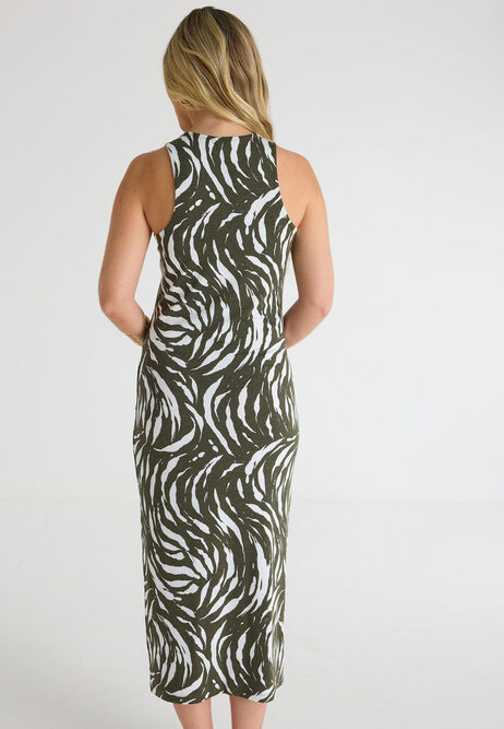 Womens Khaki Zebra Print Midi Racer Back Dress