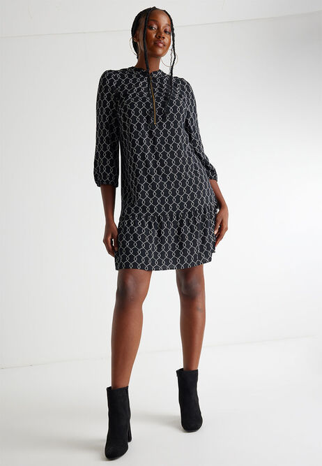 Womens Black & White Geo Print Tunic Dress