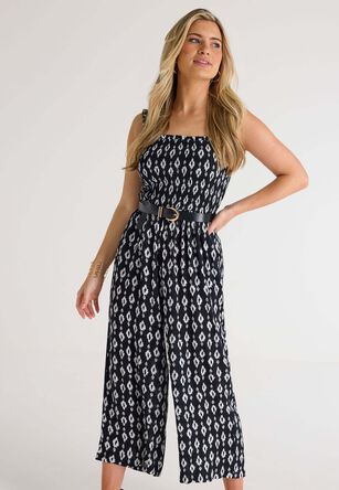 Womens Black Abstract Print Shirred Jumpsuit