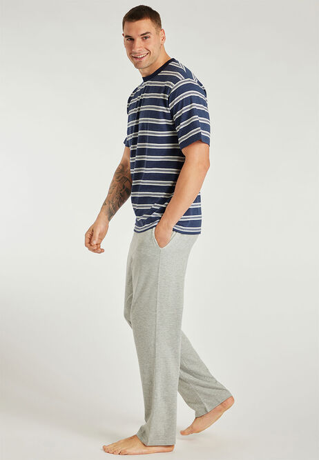 Mens Navy Striped Jersey Pyjama Set