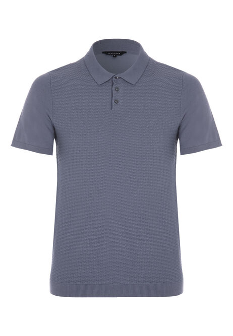 Mens Mid Blue Knitted Textured Polo