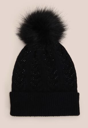 Womens Black Diamante Bobble Beanie Hat