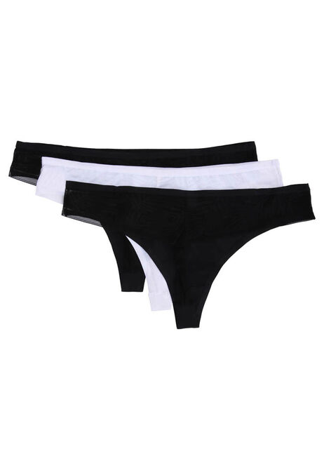 Womens 3pk Black & White Lace Bonded Thongs