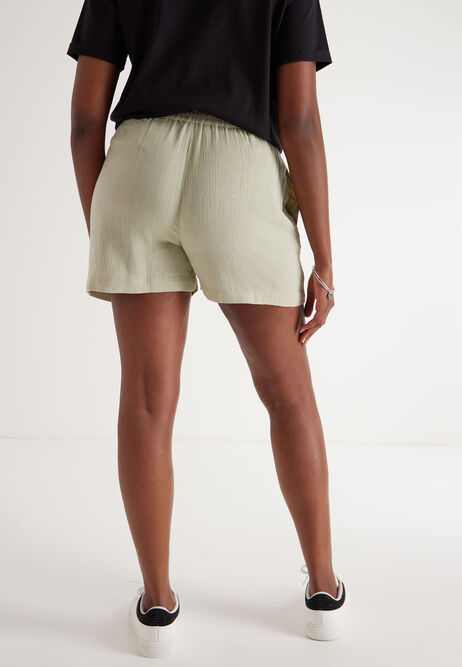 Womens Green Textured Cotton Shorts