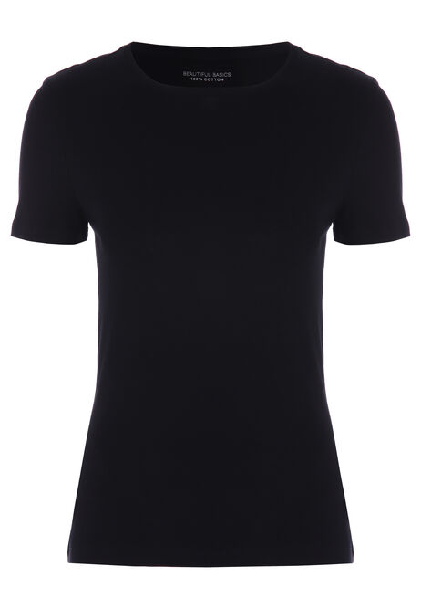 Womens Black Plain Fitted Crew Neck Top