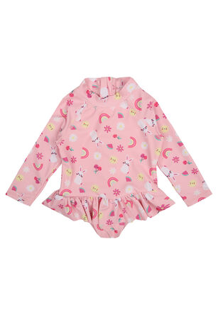 Baby Girls Pink Bunny Print Sun Safe Swimsuit