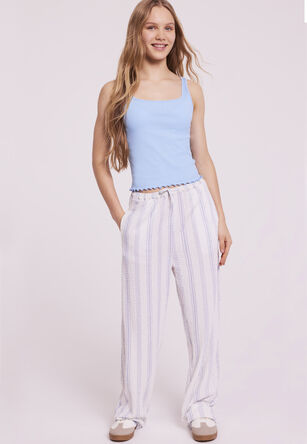 Older Girls White & Blue Stripe Crinkle Wide Leg Trousers