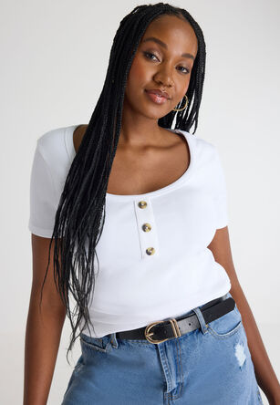 Womens White Buttoned Scoop Neck Top