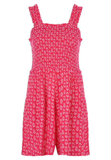Womens Pink Abstract Print Shirred Playsuit