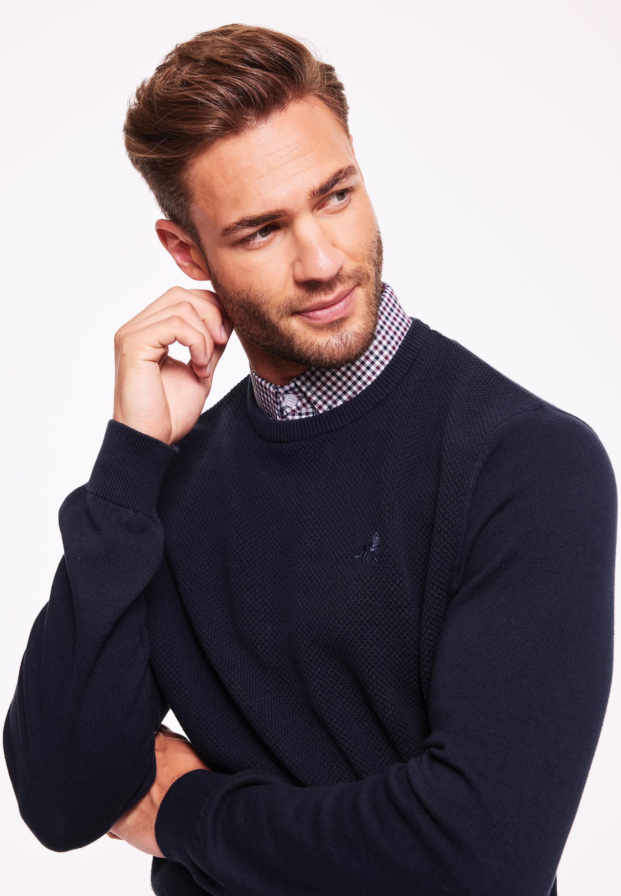 Mens Navy Plain Textured Mock Shirt Jumper Peacocks