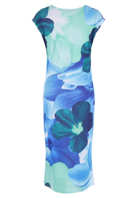 Womens Blue Floral Ruched Sides Midi Dress
