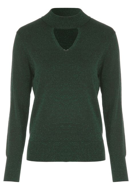 Womens Green Sparkle Cut Out Jumper