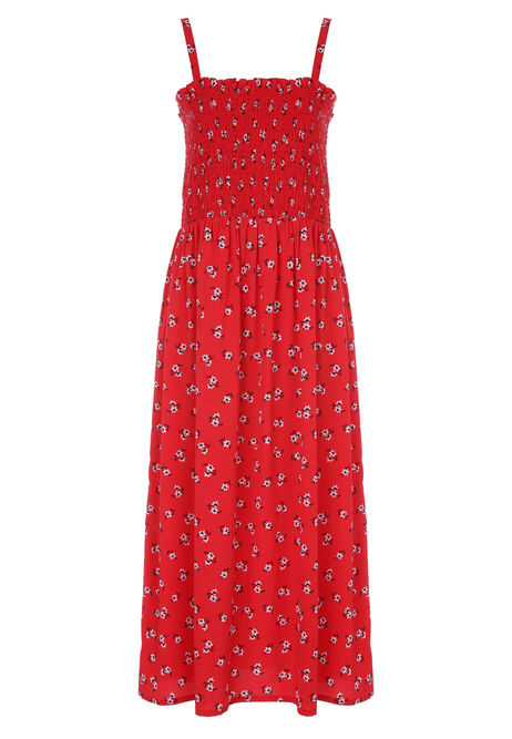 Womens Red Floral Shirred Bodice Midi Dress