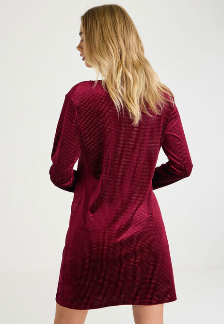 Womens Burgundy Velvet Glitter Shift Dress